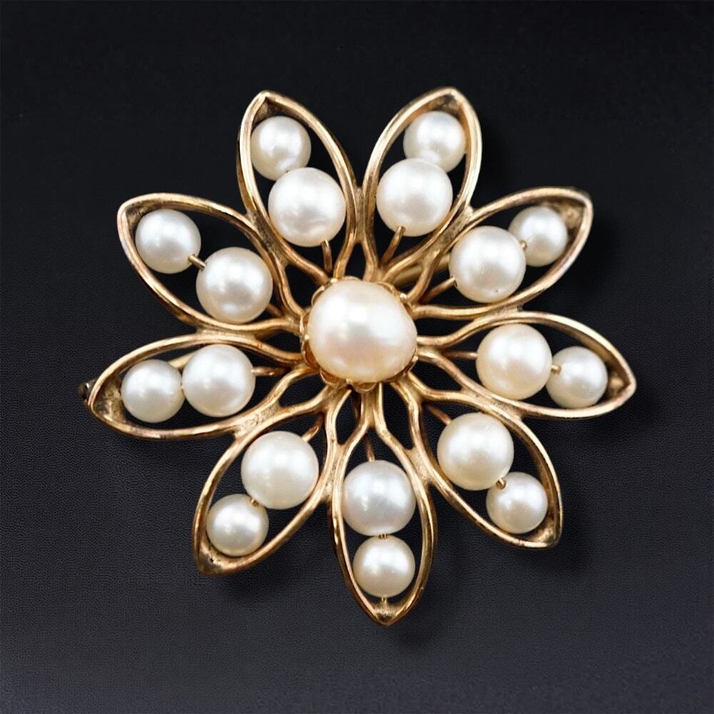 Vintage‎ Alice Caviness 12K GF Cultured Pearl Flower Brooch Pin Signed Starburst